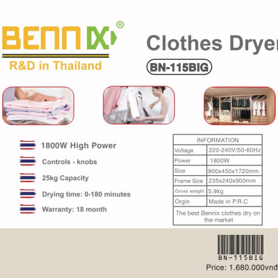 Tủ sấy quần áo Bennix BN-115BIG công suất 1800W, công nghệ Thái Lan, máy sấy quần áo công suất lớn, 25kg sấy quần áo/ lần - Hàng chính hãng