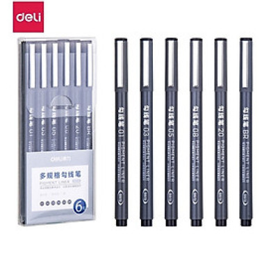 Bộ 6 cây bút đi nét liner mực đen kháng nước Deli S573 vẽ kỹ thuật vẽ caligraphy phác thảo