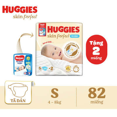 Tã/bỉm dán sơ sinh Huggies Skin Perfect S 80+2 miếng với 2 vùng thấm giảm kích ứng da