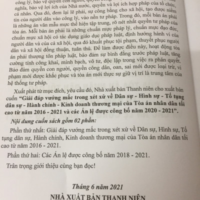 Giải đáp vướng mắc trong xét xử về Dân sự, Hình sự, Tố tụng dân sự Hành chính, Kinh doanh thương mại của Tòa án nhân dân tối cao từ năm 2016 - 2021 và các Án lệ được công bố năm 2020 - 2021