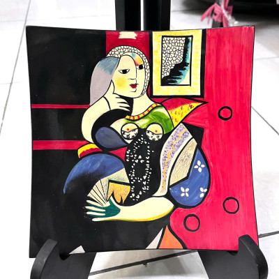 Dĩa vuông sơn mài Picasso size hàng xuất khẩu trang trí, làm quà tặng