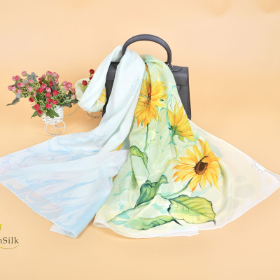 Khăn Lụa Vẽ Tay Thủy Ấn Hoa Mặt Trời SenSilk – Quà Tặng Nguyên Thủ, Khăn Lụa Handmade