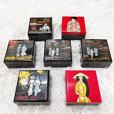 Loại 1-Hộp Đựng Đồ Trang Sức Bằng Gỗ Sơn Mài 10x10 cm Cẩn Ốc, Trứng Lót Vải Nhung Đỏ Sang Trọng