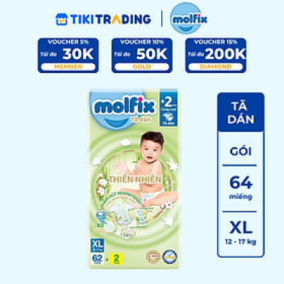 Tã/bỉm dán Molfix Thiên nhiên Super Jumbo XL (12kg - 17kg) - Gói 62+2 miếng