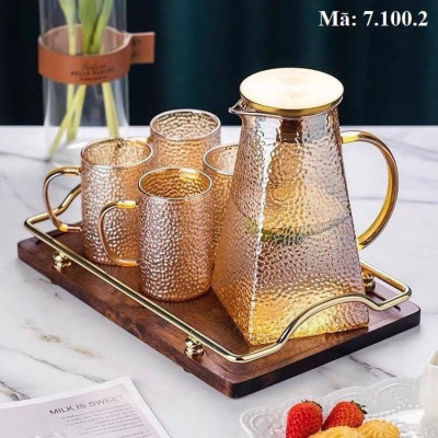 BỘ BÌNH THỦY TINH ĐỰNG NƯỚC UỐNG CHỊU NHIỆT CAO CẤP LÊN TỚI 400 ĐỘ C KÈM 6 CỐC QUAI KHAY VÀ GIÁ ÚP