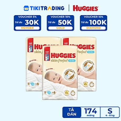 Combo 3 gói Tã/bỉm dán sơ sinh Huggies Skin Perfect S 54+4 miếng với 2 vùng thấm giảm kích ứng da