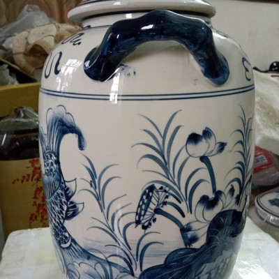 Hũ đựng rượu gạo gốm sứ Bát Tràng vẽ cá chép loại 20L