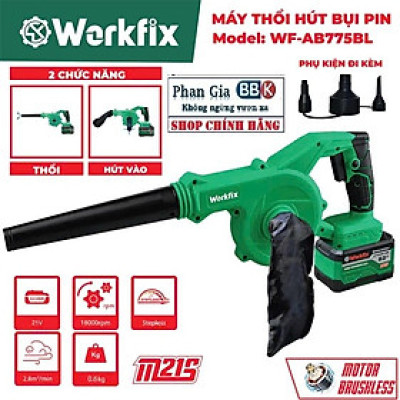 Máy thổi hút bụi pin WORKFIX WF-AB775BL, Động cơ Không chổi than, 2 chức năng, Cò điều tốc