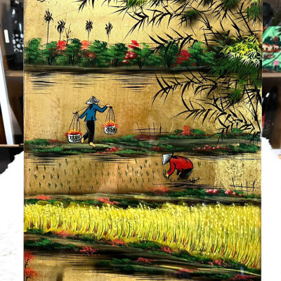 Tranh sơn mài - ĐỒNG QUÊ VIỆT NAM - Nền dát vàng/ bạc, hàng xuất khẩu size 30x40 cm