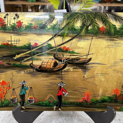 Tranh sơn mài - ĐỒNG QUÊ VIỆT NAM - Nền dát vàng/ bạc, hàng xuất khẩu size 30x40 cm