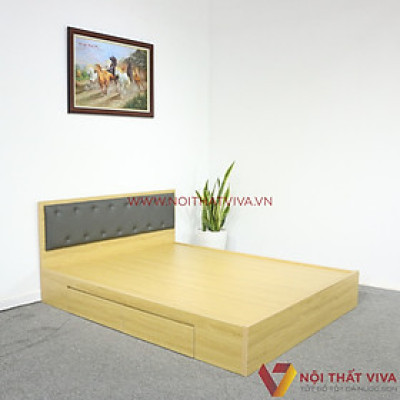 Giường Ngủ Gỗ MDF Melamine Màu Vàng Có Ngăn Kéo + Đầu Nệm Đen Đẹp