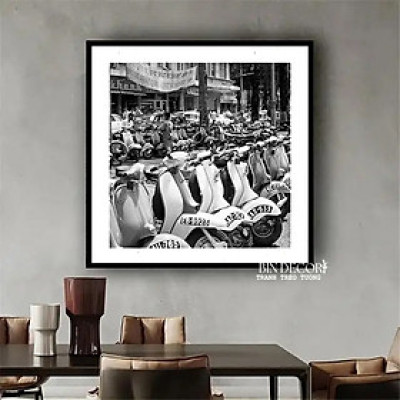 (ẢNH THẬT) Tranh canvas treo tường sài gòn xưa 5 trắng đen có khung kèm đinh treo chuyên dụng, dễ treo