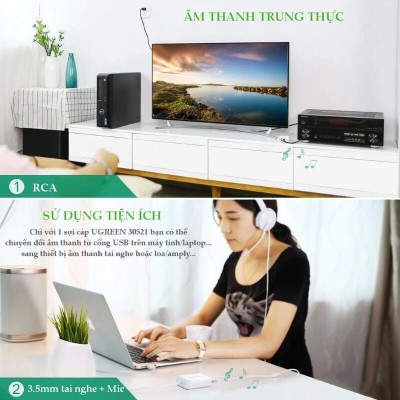 Ugreen UG3052130521TK 1M màu Trắng Bộ chuyển USB 2.0 sang 2 đầu bông sen + Loa + MIC - HÀNG CHÍNH HÃNG