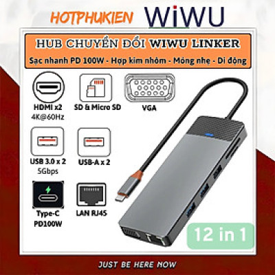 Hub chuyển đổi chia cổng USB-C 12in1 sạc nhanh 100W trang bị USB 3.0 +PD Type-C + Micro SD, SD + HDMI 4K@60Hz, LAN RJ45, VGA hiệu WIWU Linker 12in1 cho Macbook Laptop cho iPhone - Hợp kim nhôm, vừa sạc vừa xuất màn hình và truyền dữ liệu - Hàng nhập khẩu
