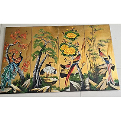 Tranh sơn mài bộ 4 tấm Mai Tùng Cúc Trúc vẽ kết hợp đắp nổi cao cấp 70x110 cm