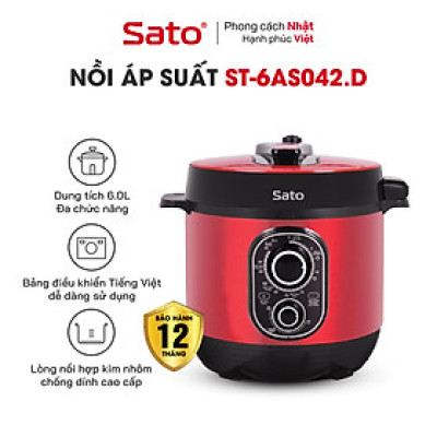 Nồi áp suất đa năng SATO 6AS042.D 6.0L - Nồi áp suất đa chức năng : nấu cơm, nấu cháo, hầm gân, ninh, súp, hấp, giữ ấm ... Dung tích : 6.0 lít phù hợp gia đình 4 - 6 người - Miễn phí vận chuyển toàn quốc - Hàng chính hãng