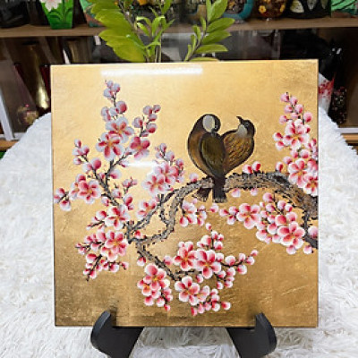 Tranh sơn mài - UYÊN ƯƠNG TRÊN CÀNH ĐÀO - Nền dát vàng/bạc cao cấp