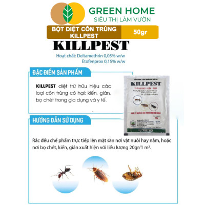 Bột Phấn Kiến KillPest Vipesco, GreenHome, Gói 50gr, Hiệu Quả Cao, Diệt Trừ Bọ Chét, Kiến, Gián