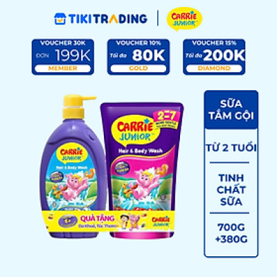 Chai Sữa Tắm Gội cho bé Carrie Junior hương trái cây thiên nhiên 700g - 3 mùi hương
