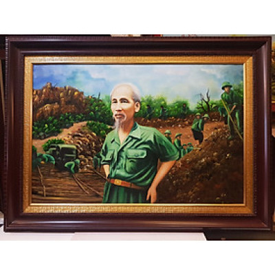 TRANH VẼ SƠN DẦU - BÁC HỒ CÙNG BỘ ĐỘI CÔNG BINH MỞ ĐƯỜNG TRƯỜNG SƠN 