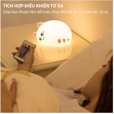 Đèn Ngủ Silicone Mèo Con Dễ Thương Có Điều Khiển Từ Xa LED RGB 16 Màu 
