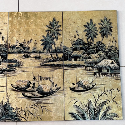 Bộ Tranh sơn mài - ĐỒNG QUÊ VIỆT NAM - Size 60x120 cm - Nền dát vàng cao cấp