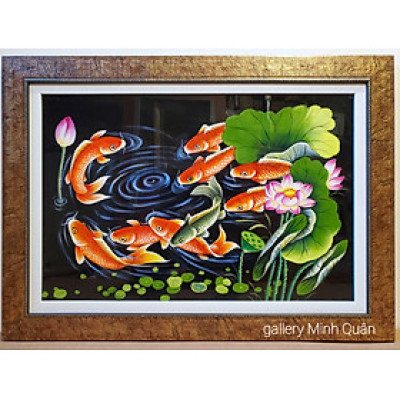 Tranh sơn mài đắp nổi” Cửu ngư quần tụ” 