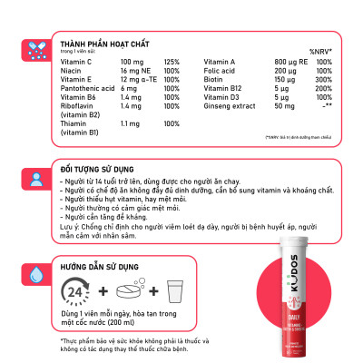 Thực phẩm bảo vệ sức khỏe KUDOS DAILY VITAMINS PLUS BIOTIN & GINSENG (20 viên/tuýp)