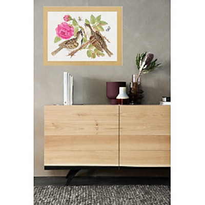 Tranh canvas treo tường ,Chim sẻ nâu và hoa hồng phong cách vintage cổ điển-brown birds on rose,Tranh Canvas PVP-DC163, Kèm khung màu gỗ.