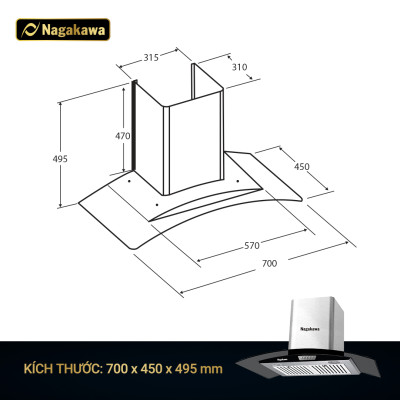 Máy Hút Mùi Than Hoạt Tính Cỡ Lớn Nagakawa NAG1857-70Cm - Bộ Lọc 5 Lớp Inox - Hàng Chính Hãng