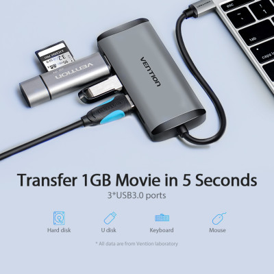 Cáp chuyển đổi Type-C sang HDMI + 3 cổng USB 3.0 + Type-C PD  Vention CNBHB - hàng chính hãng