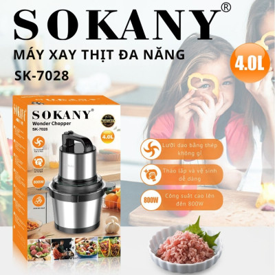 Máy xay thịt, máy xay tói ớt đa năng công suất mạnh mẽ 800W SOKANY SK-7028, dung tích 4L, cối INOX 304 - HÀNG CHÍNH HÃNG