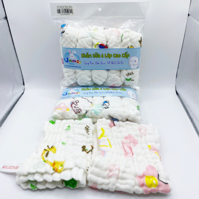 Khăn Sữa Cotton Unmei 6 lớp cho Bé, 30x30cm, Khăn Vải Xô Dày dặn, Thấm Hút Tốt, Màu Trắng Hoa văn ngẫu nhiên