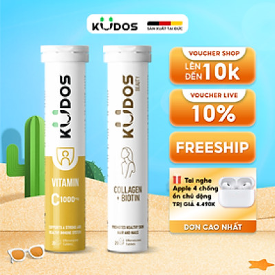 Combo Thực phẩm bảo vệ sức khỏe KUDOS VITAMIN C 1000MG + KUDOS BEAUTY COLLAGEN + BIOTIN (20 viên/Tuýp)