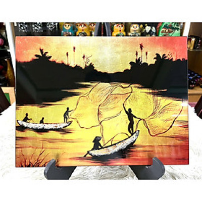 Tranh sơn mài - ĐỒNG QUÊ VIỆT NAM - Nền dát vàng/ bạc, hàng xuất khẩu size 30x40 cm
