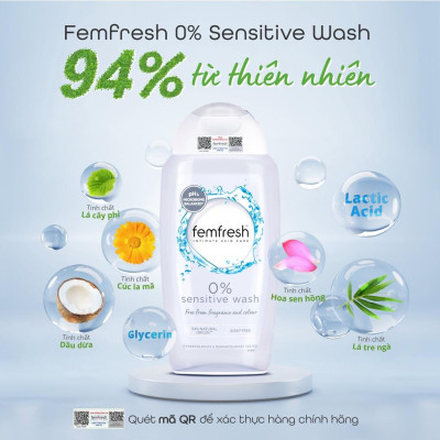 Dung dịch vệ sinh phụ nữ cao cấp cho da nhạy cảm Femfresh 0% Sensitive Intimate Wash 250ml