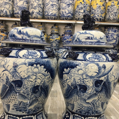 Đôi chóe gốm Gia Hưng Bát Tràng vẽ cảnh sen cá