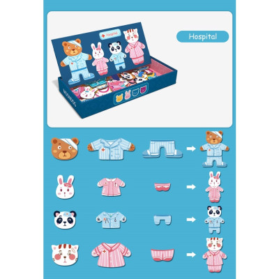 Bộ Đồ Chơi Xếp Hình thay quần áo gia đình nhà Thỏ- Gấu- Động Vật- Chất liệu gỗ, có nam châm