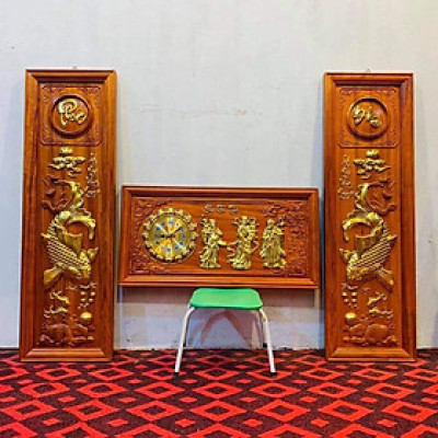 Cặo Tranh câu đối lý ngư vọng nguyệt + tranh đồng treo tường chữ phúc lộc thọ ,hay bất kỳ chữ khác bầng gỗ hương đỏ