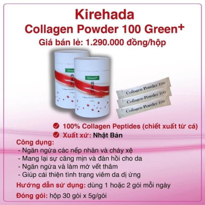 Collagen Nhật Kirehada Collagen Powder 100 Green+ (gói bột): Đẹp Da, Giữ Dáng, Hạn Chế Quá Trình Lão Hóa Da