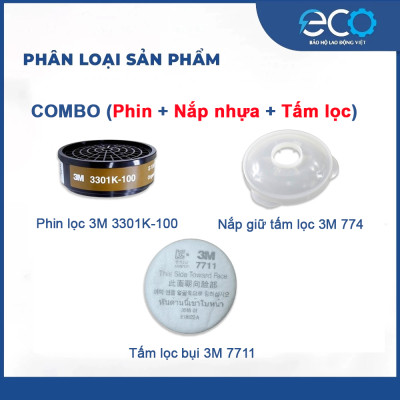 Bộ 4 món mặt nạ phòng độc 3M 3100/ 3200 + phin lọc 3M 3301K-100 + tấm lọc bụi 3M 7711 + nắp giữ tấm lọc 3M 774