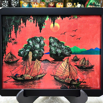 Tranh sơn mài - ĐỒNG QUÊ VIỆT NAM - Nền dát vàng/ bạc, hàng xuất khẩu size 30x40 cm