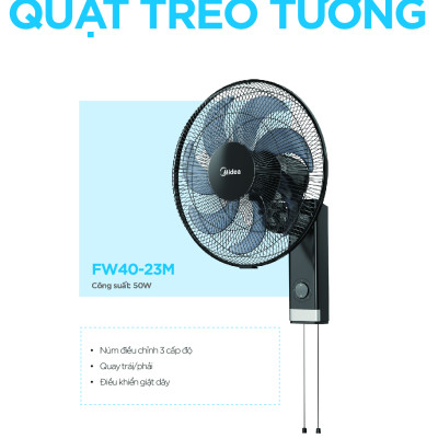 Quạt Treo Tường 7 Cánh Midea FW40-23M (Hàng Chính Hãng, Công Suất 50W, Chỉnh Gió 3 Tốc Độ)