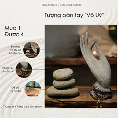 Tượng bàn tay "Vô Uý" kèm đế gỗ - bộ đá Zen tặng kèm chuỗi hạt - chất liệu bột đá - Bazango - Trang trí nhà - Trang trí nhà