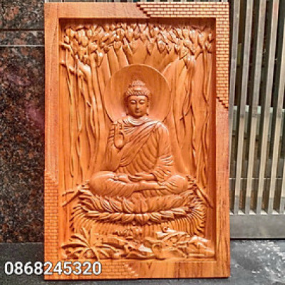 Tranh phật  bổn sư thích ca mẫu ni bằng gỗ hương đá kt 44×64×4cm 