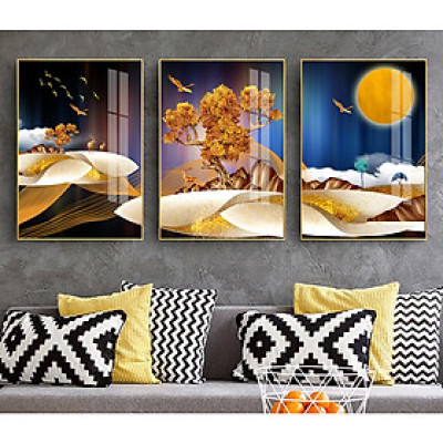 Bộ 3 tranh bóng kiếng hiện đại trang trí phóng khách Nai Cây và Trăng ZTU_145070