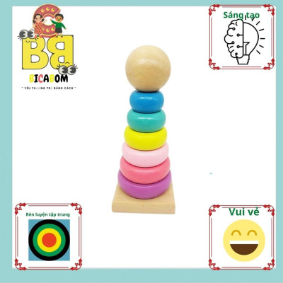 Bộ Đồ Chơi Tháp Xếp Cầu Vòng 7 Màu Bằng Gỗ Mini Cho Bé