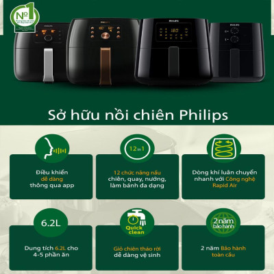 Nồi Chiên Không Dầu Philips HD9280/90, 2000W-6.2Lit, Kết Nồi Wifi, Hàng Chính Hãng