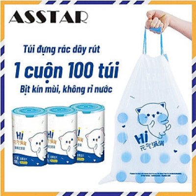 Túi Đựng Rác, Túi Rác Tự Phân Huỷ, 1 Cuộn 100 Túi, Túi Đựng Rác Có Dây Rút Tiện Lợi