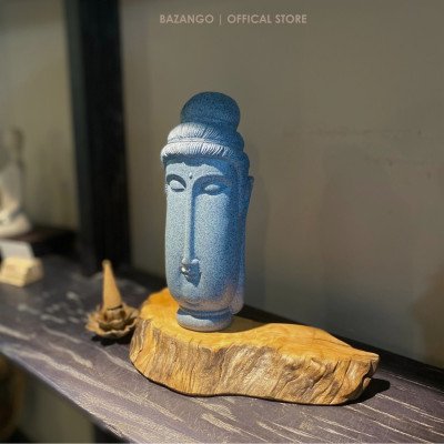 Tượng Phật trang trí kèm đế gỗ tự nhiên - Chất liệu bột đá - Bazango - Trang trí nhà